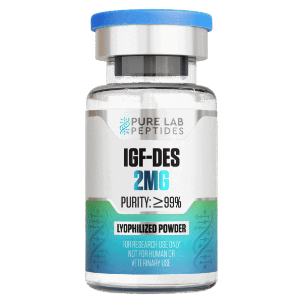 A clear vial containing IGF-DES 2MG lyophilized powder, labeled with 'Purity: ≥99%' and 'For research use only. Not for human or veterinary use.' The vial has a blue cap and features design elements representing scientific research.