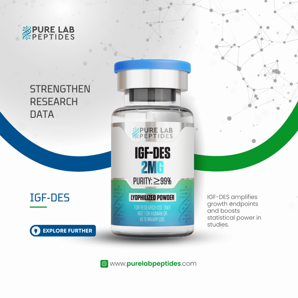 A bottle of IGF-DES 2mg lyophilized powder with a blue cap, labeled with purity over 99%, on a modern, stylized background featuring connectivity graphics and the text 'Strengthen Research Data.' The label also includes a caution for research use only, not for human or veterinary use, and a website link at the bottom.