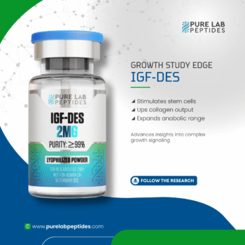 A product vial labeled 'IGF-DES 2MG' with a blue cap, outlined against a green and blue background. The label states 'PURITY: ≥99%' and 'LYOPHILIZED POWDER', emphasizing its research use only. Key features such as 'Stimulates stem cells', 'Ups collagen output', and 'Expands anabolic range' are listed on the side, along with a call to 'FOLLOW THE RESEARCH'.