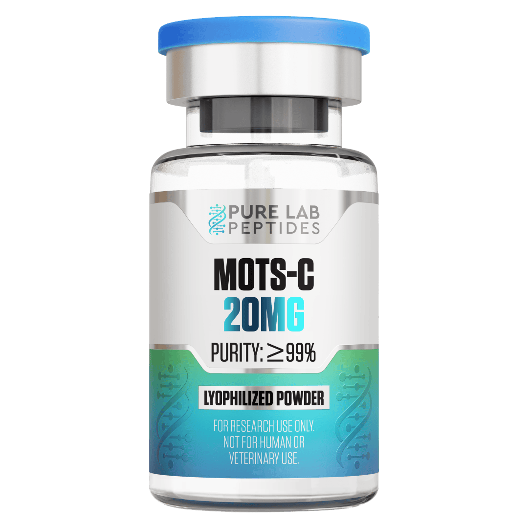 Pure Lab Peptides MOTS-C 20 mg lyophilized powder vial, clear glass with blue cap, research use only