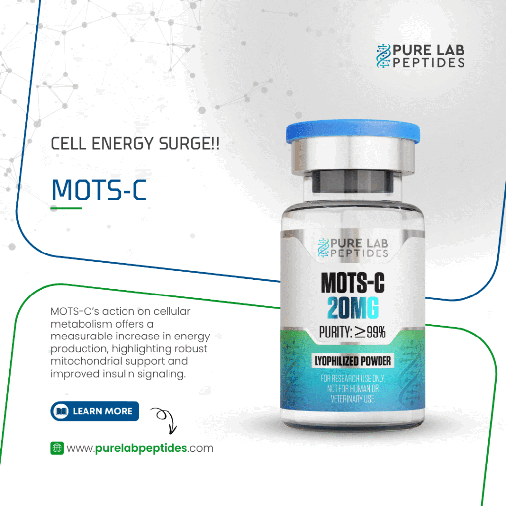 Pure Lab Peptides MOTS-C 20 mg lyophilized powder vial with blue cap, research use only