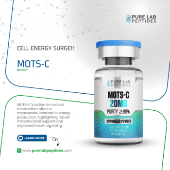Pure Lab Peptides MOTS-C 20 mg lyophilized powder vial with blue cap, research use only