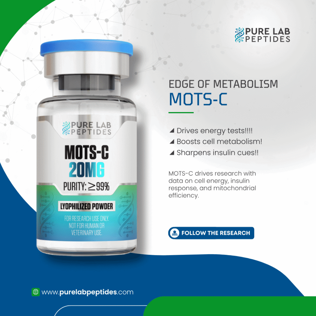 Pure Lab Peptides MOTS-C 20 mg vial, lyophilized powder, purity ≥99%, research use only