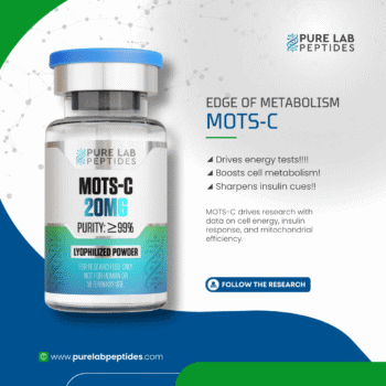 Pure Lab Peptides MOTS-C 20 mg vial, lyophilized powder, purity ≥99%, research use only