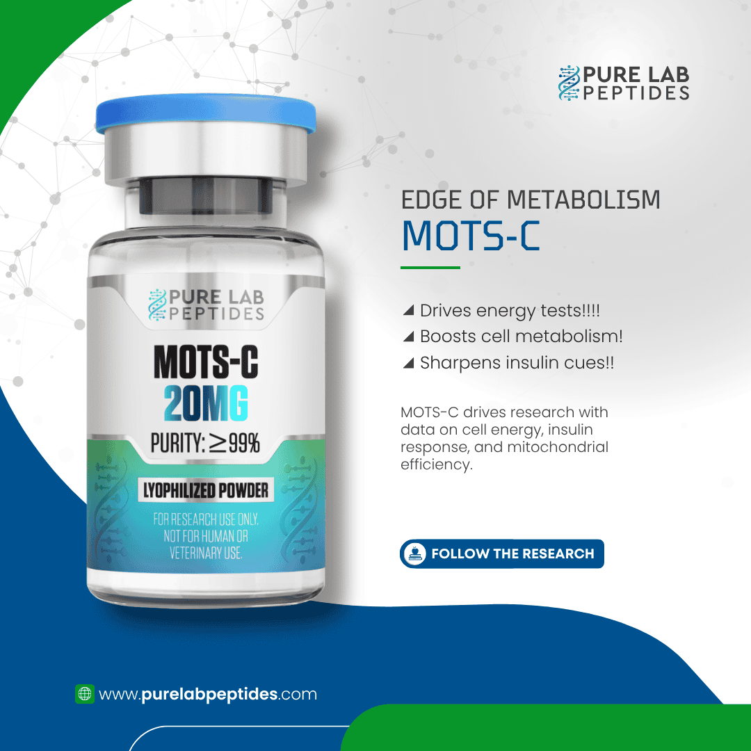 Pure Lab Peptides MOTS-C 20 mg vial, lyophilized powder, purity ≥99%, research use only