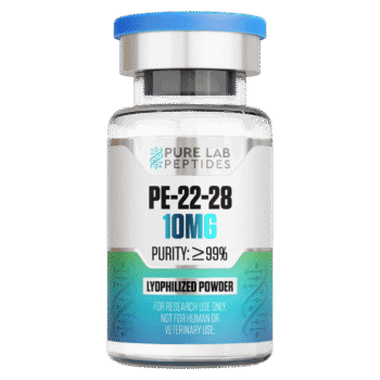 Pure Lab Peptides PE-22-28 10 mg lyophilized powder vial with blue cap, research use only