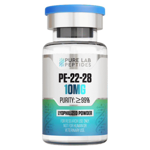 Pure Lab Peptides PE-22-28 10 mg lyophilized powder vial with blue cap, research use only