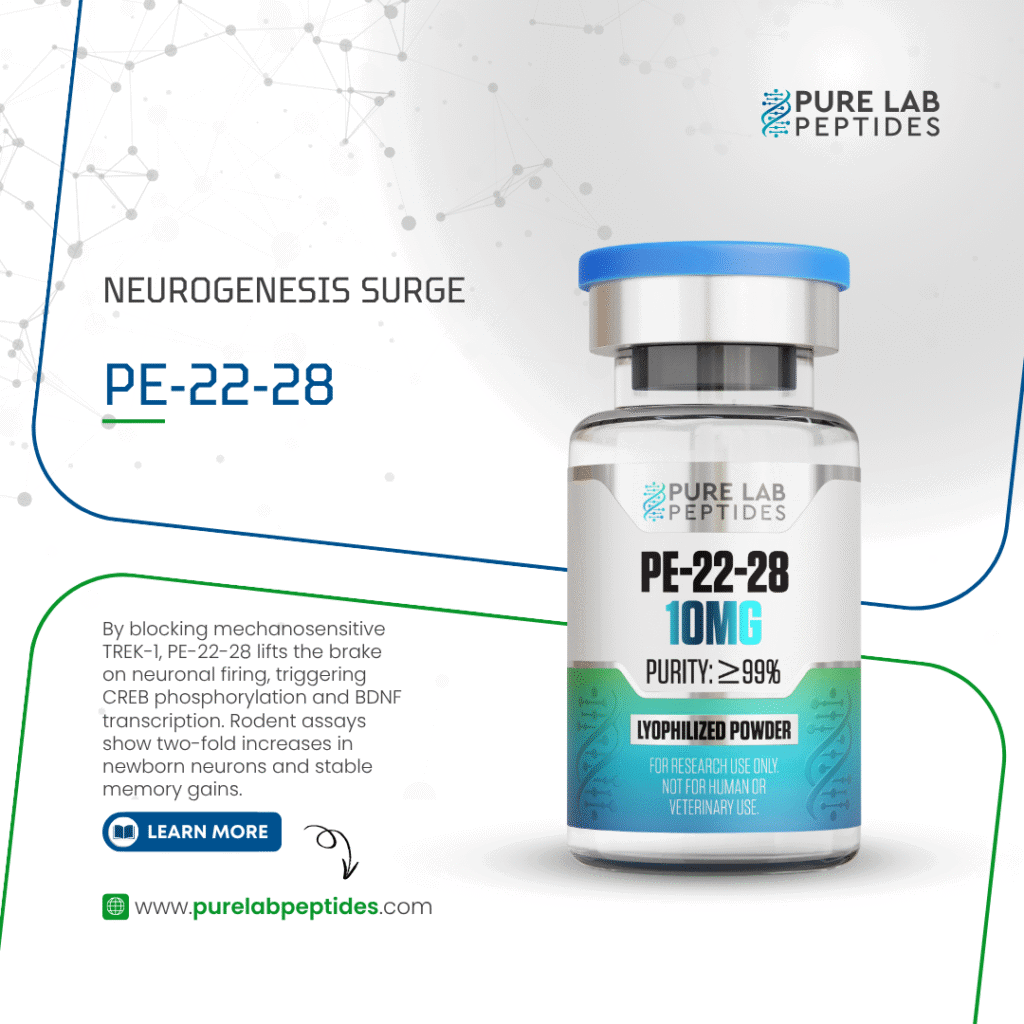 Pure Lab Peptides PE-22-28 10 mg lyophilized powder vial with blue cap, research use only