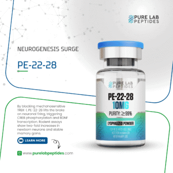 Pure Lab Peptides PE-22-28 10 mg lyophilized powder vial with blue cap, research use only