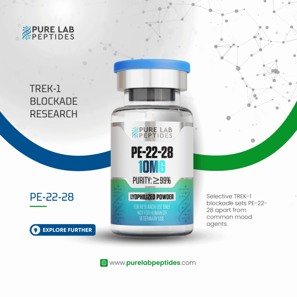 Pure Lab Peptides PE-22-28 10 mg vial with blue cap, lyophilized powder for research use only