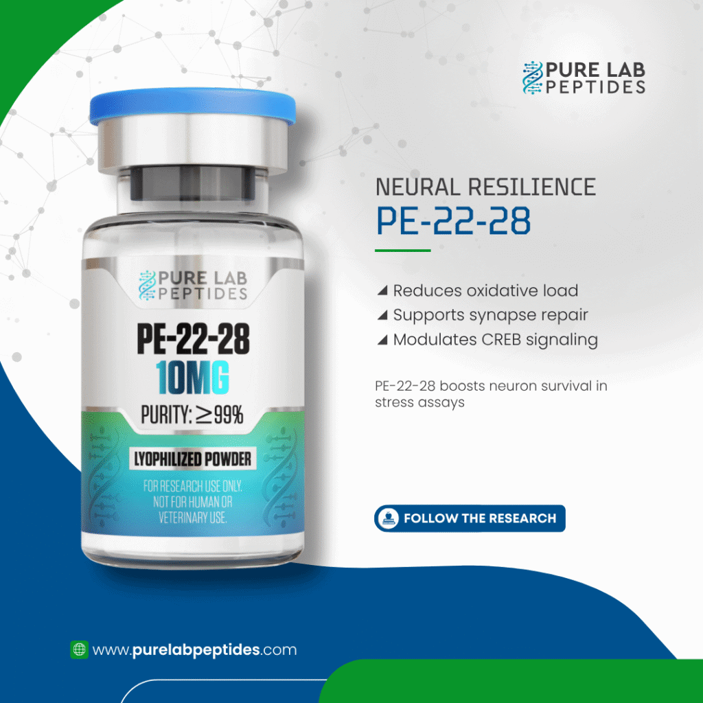 Pure Lab Peptides PE-22-28 10 mg vial with blue cap, lyophilized powder, research use only