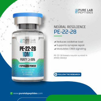 Pure Lab Peptides PE-22-28 10 mg vial with blue cap, lyophilized powder, research use only