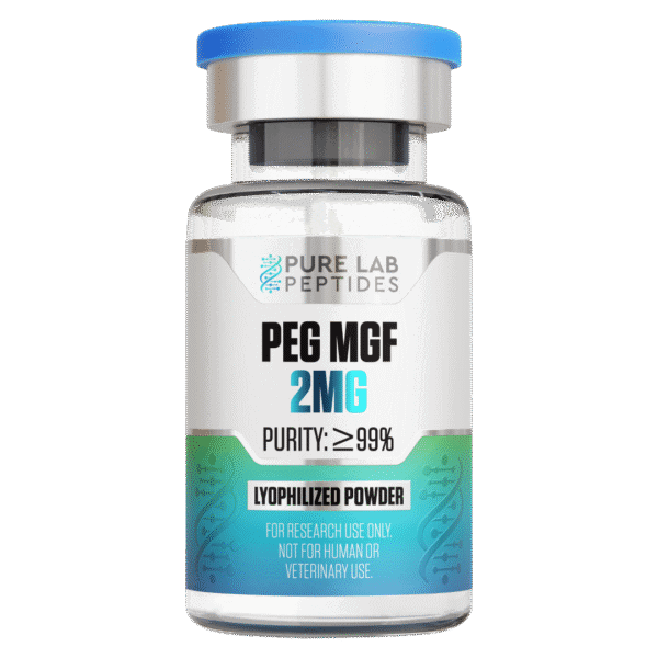 A clear vial containing PEG MGF, labeled with '2MG' and 'PURITY: ≥99%', along with the note 'LYOPHILIZED POWDER' and 'FOR RESEARCH USE ONLY. NOT FOR HUMAN OR VETERINARY USE.' The vial has a blue cap and a gradient design on the label.