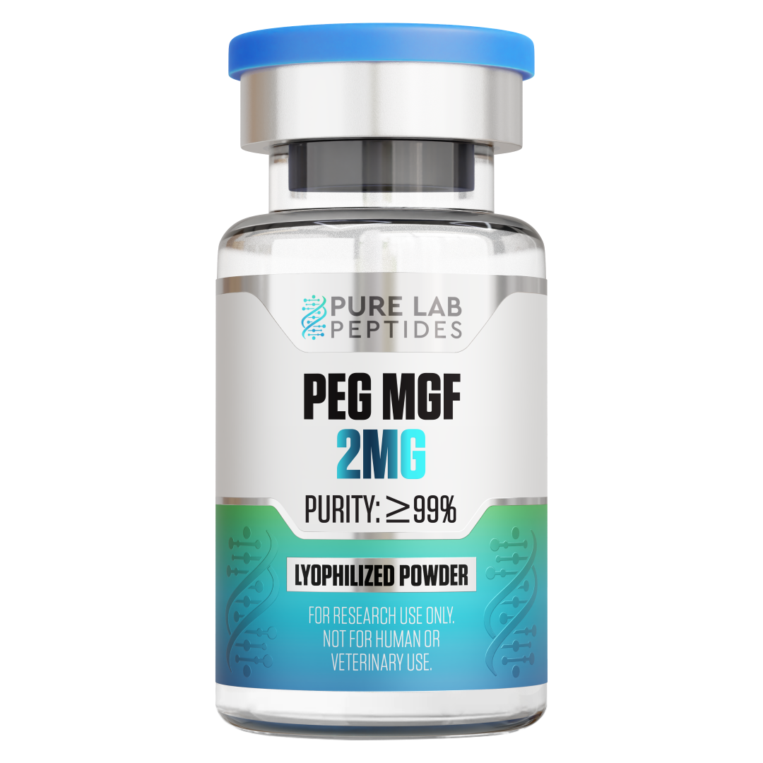 A clear vial containing PEG MGF, labeled with '2MG' and 'PURITY: ≥99%', along with the note 'LYOPHILIZED POWDER' and 'FOR RESEARCH USE ONLY. NOT FOR HUMAN OR VETERINARY USE.' The vial has a blue cap and a gradient design on the label.