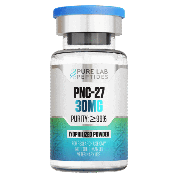 Pure Lab Peptides PNC-27 30 mg lyophilized powder vial, clear glass with blue cap, research use only