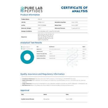 Certificate of analysis for PNC-27 peptide, detailing purity, identity, and storage conditions, Pure Lab Peptides research use only