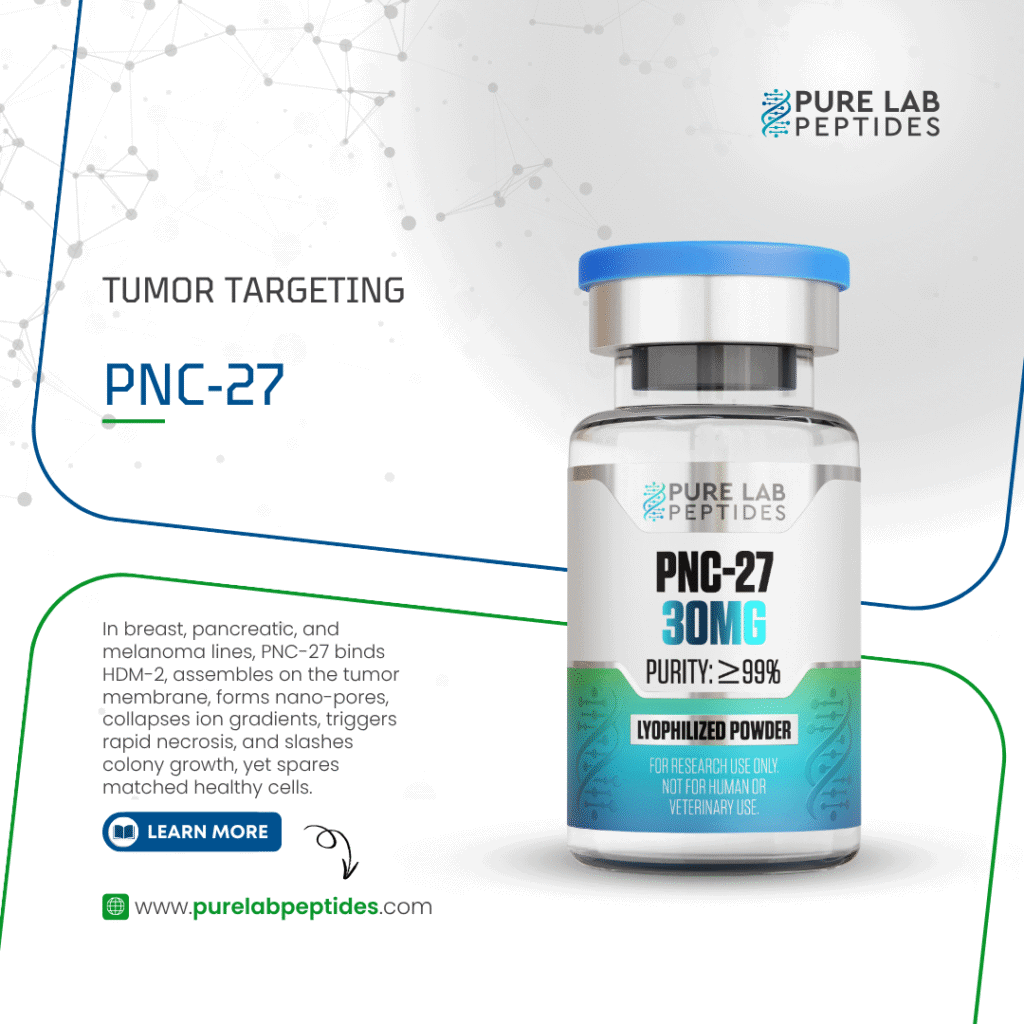 Pure Lab Peptides PNC-27 30 mg lyophilized powder vial with blue cap, research use only