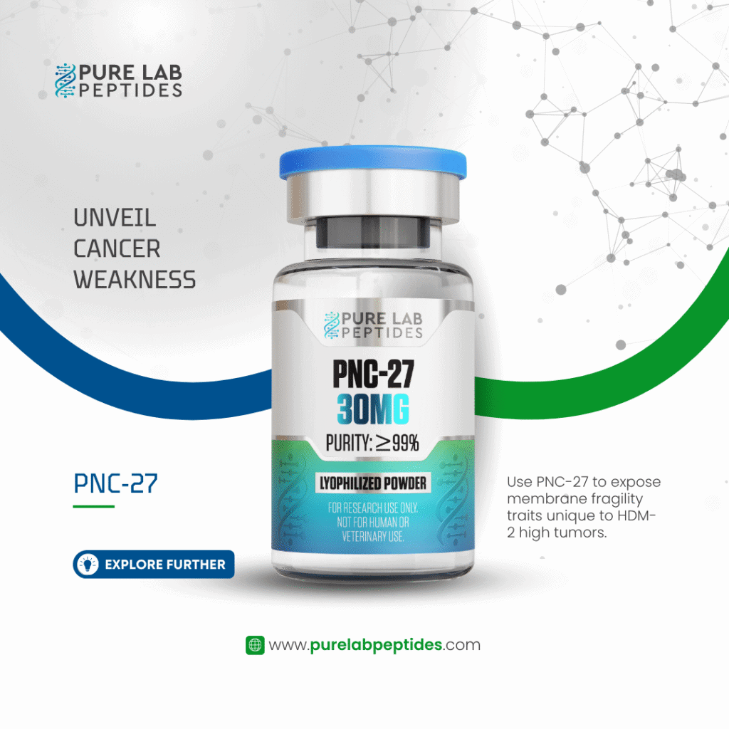 Pure Lab Peptides PNC‑27 30 mg lyophilized powder vial, blue cap, purity ≥99%, research use only
