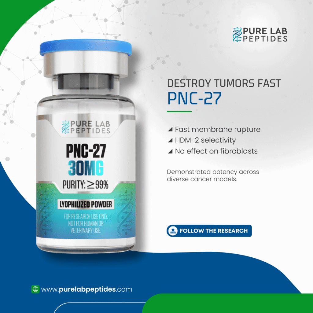 Pure Lab Peptides PNC-27 30 mg vial, clear glass with blue cap, research use only