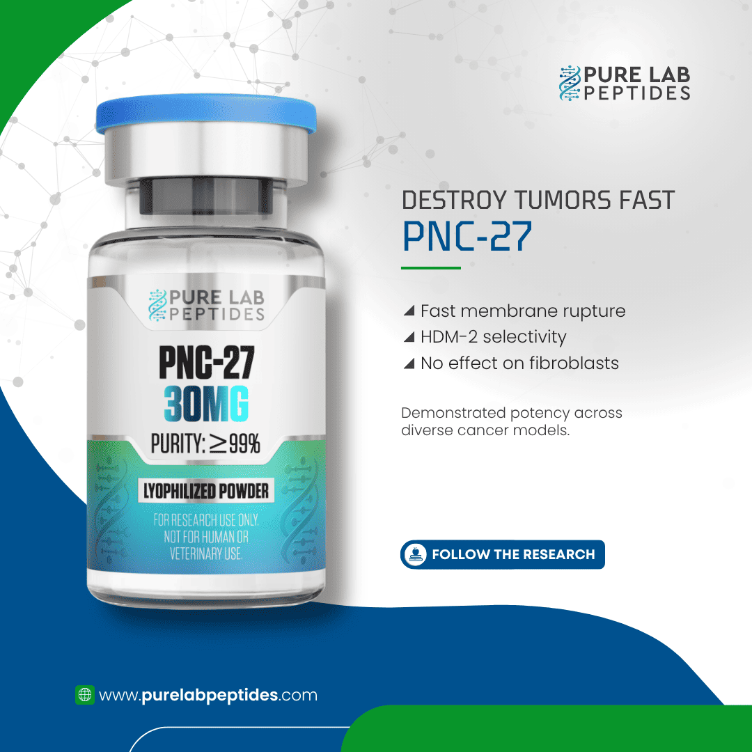 Pure Lab Peptides PNC-27 30 mg vial, clear glass with blue cap, research use only
