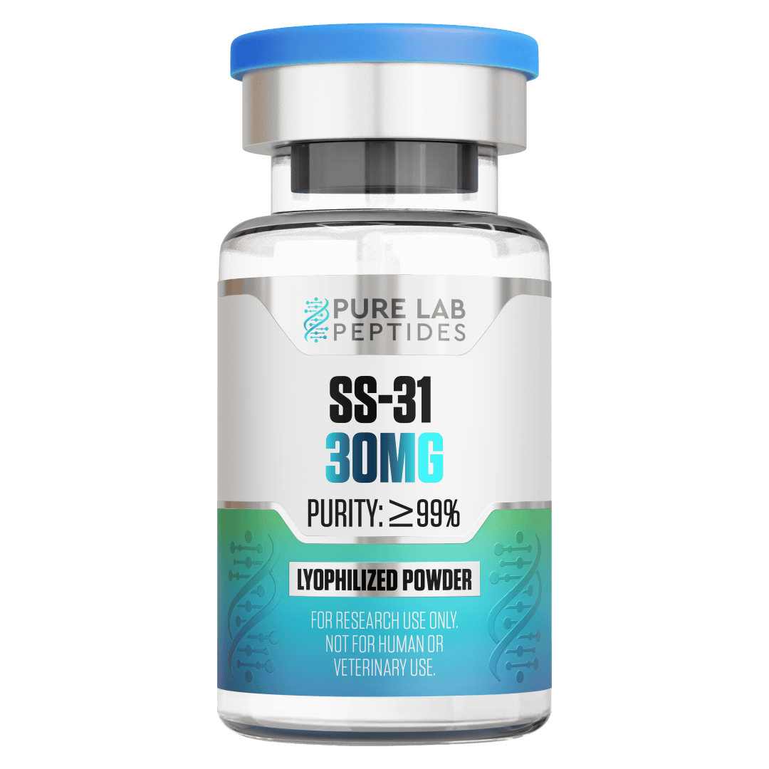 Pure Lab Peptides SS-31 30 mg lyophilized powder vial, clear glass with blue cap, research use only