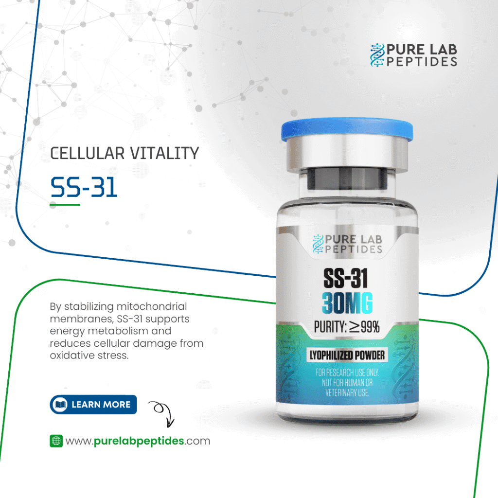 Pure Lab Peptides SS-31 30 mg lyophilized powder vial with blue cap, for research use only