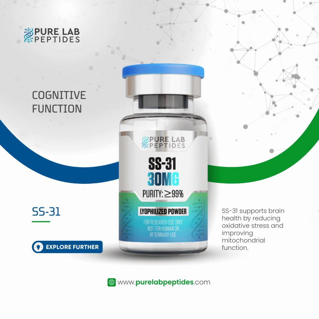Pure Lab Peptides SS‑31 30 mg lyophilized powder vial with blue cap, research use only