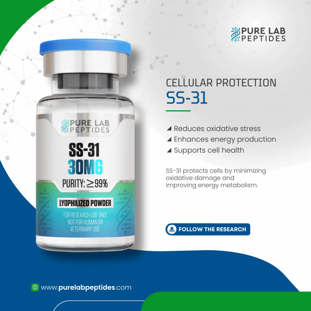 Pure Lab Peptides SS-31 30 mg vial, lyophilized powder with blue cap, research use only