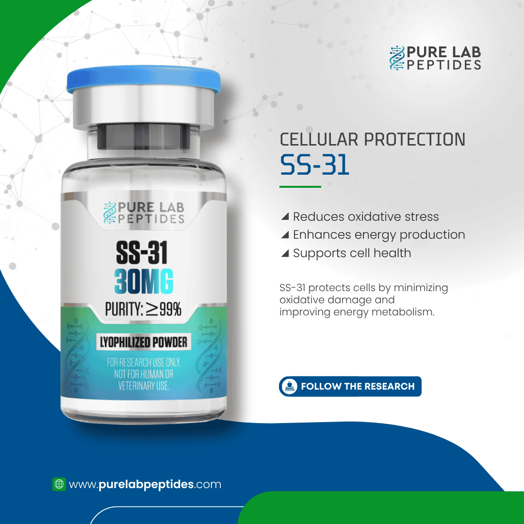 Pure Lab Peptides SS-31 30 mg vial, lyophilized powder with blue cap, research use only