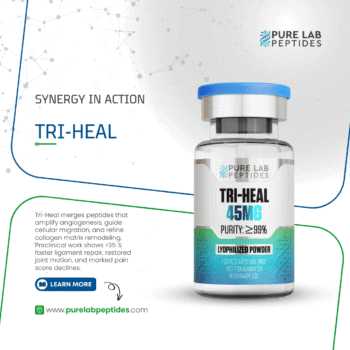 Pure Lab Peptides TRI-HEAL 45 mg lyophilized powder vial with blue cap, purity >99%, research use only