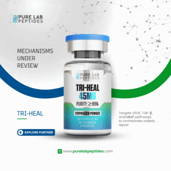 Pure Lab Peptides TRI-HEAL 45 mg lyophilized peptide vial, clear glass with blue cap, research use only