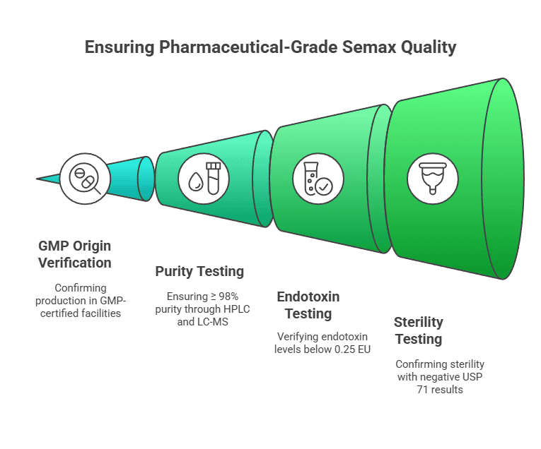 Funnel of pharmaceutical-grade Semax QC: GMP origin, ≥ 98 % purity tests, endotoxin < 0.25 EU, final sterility confirmation.