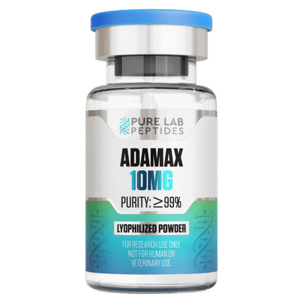 A clear vial labeled 'ADAMAX 10MG' containing lyophilized powder, featuring a blue cap and text indicating purity of ≥99% and instructions for research use only, not for human or veterinary use.