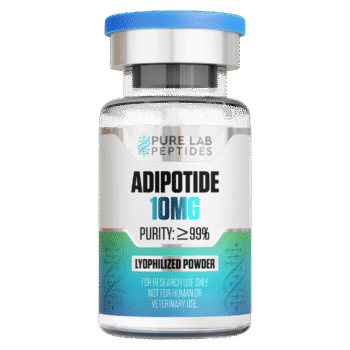 A clear glass vial containing Adipotide with a blue screw cap, labeled with '10MG' and 'PURITY: ≥99%', accompanied by the text 'LYOPHILIZED POWDER' and a disclaimer for research use only.