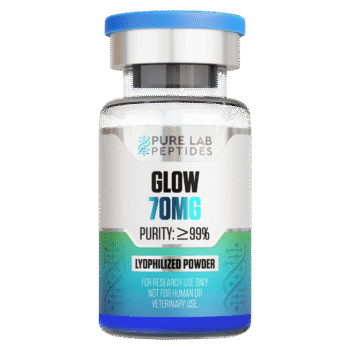 A clear glass vial containing a lyophilized powder labeled 'GLOW 70MG' with a purity of ≥99%. The vial has a silver cap and a blue top, featuring branding for 'PURE LAB PEPTIDES'.