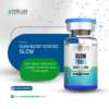 A labeled vial of a peptide product named 'Glow' with a blue cap, containing 70mg of lyophilized powder, claiming over 99% purity, and highlighting its effectiveness in collagen synthesis and tissue repair. The background features a web-like pattern with the brand logo 'Pure Lab Peptides.'