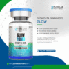A vial of 'GLOW' peptide from Pure Lab Peptides, labeled with '70MG' and 'PURITY: ≥99%'. The vial features a blue cap and includes information about ECM quantification data, fibroblast kinetic data, and angiogenesis assay data, emphasizing its use for research only. The background has a scientific theme with connecting nodes.