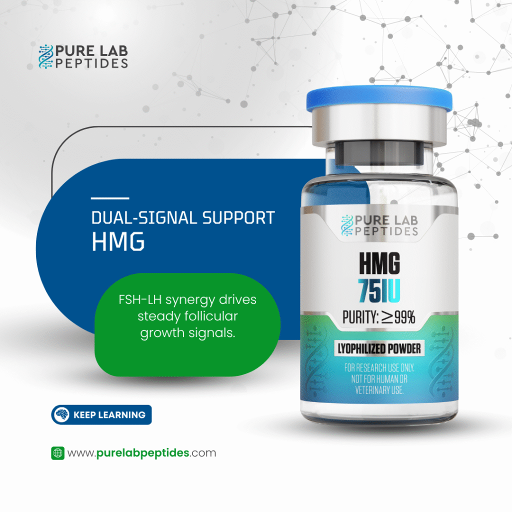 A labeled vial of HMG (75 IU), featuring a blue cap and a clear container with white and turquoise branding, set against a light background with abstract patterns. Text explains the HMG's purpose and purity level.