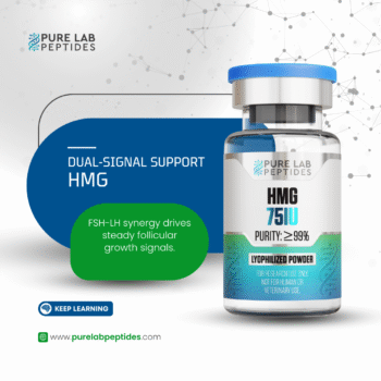 A labeled vial of HMG (75 IU), featuring a blue cap and a clear container with white and turquoise branding, set against a light background with abstract patterns. Text explains the HMG's purpose and purity level.