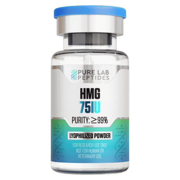 A clear vial labeled 'HMG 75 IU' with purity information stating '≥99%' and the text 'Lyophilized Powder'. The vial has a blue cap and is designed for research use only, not for human or veterinary use.