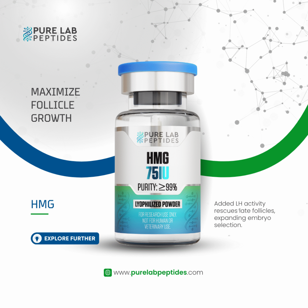 A product vial labeled 'HMG 75 IU' from Pure Lab Peptides, featuring information about purity and usage instructions. The design includes a blue cap, a clear body, and text emphasizing its purpose for maximizing follicle growth and its high purity level.
