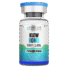 A clear vial labeled 'KLOW 80MG' containing lyophilized powder, with indications of purity greater than 99%, produced by Pure Lab Peptides; marked for research use only.