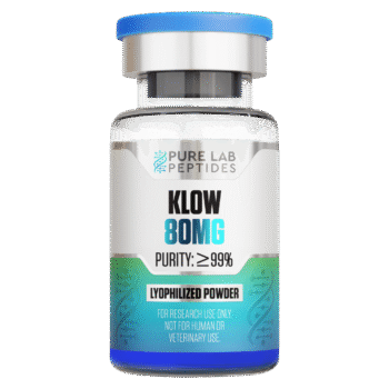 A clear vial labeled 'KLOW 80MG' containing lyophilized powder, with indications of purity greater than 99%, produced by Pure Lab Peptides; marked for research use only.