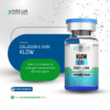 A product vial labeled 'KLOW 80MG' with a blue cap, containing lyophilized powder linked to collagen and skin health, along with text about its purity and uses. The background features a network design and the brand name 'Pure Lab Peptides.'