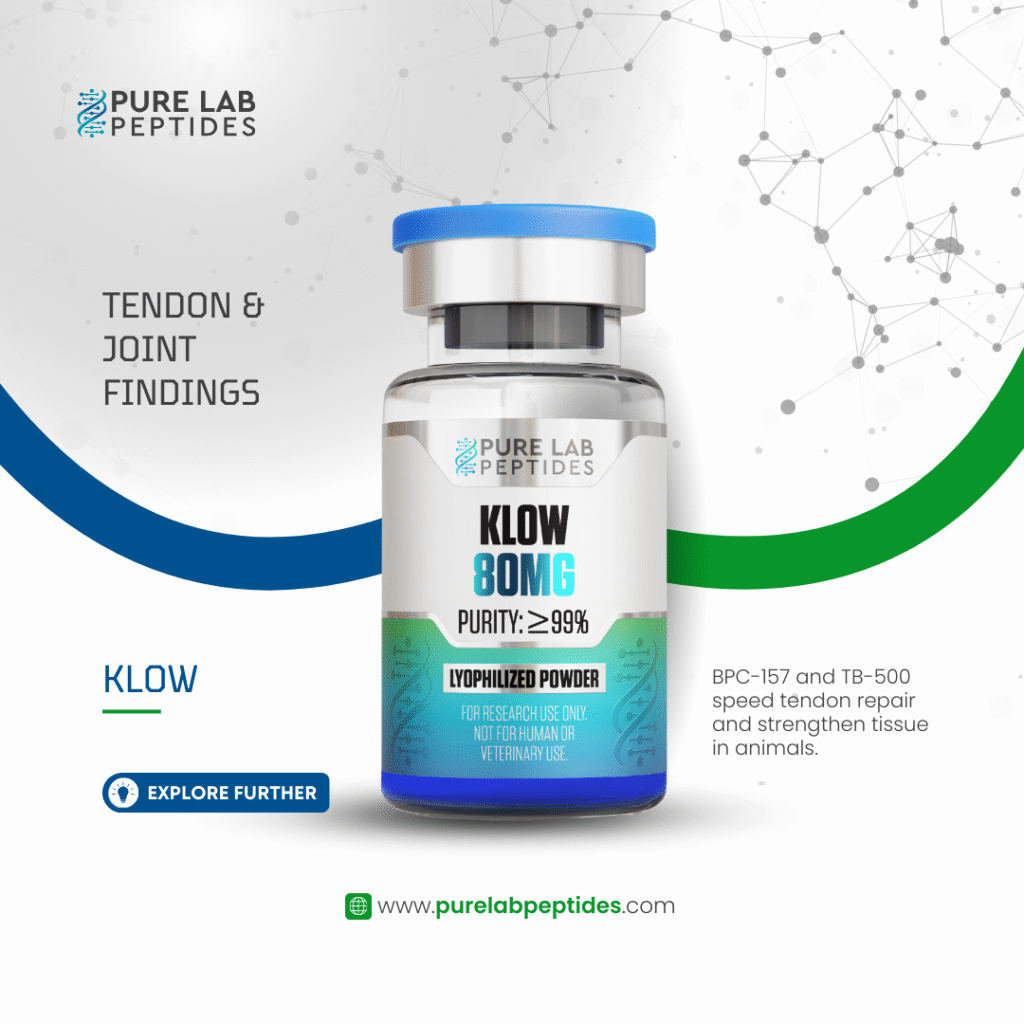 A glass vial of KLOW, a lyophilized powder with a blue cap, labeled with '80MG' and 'PURITY: ≥99%'. The background features the 'PURE LAB PEPTIDES' logo with a design representing scientific research and joint findings.