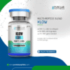 A labeled vial of a multi-peptide blend named KLOW from Pure Lab Peptides, featuring a blue cap and a white label. The label indicates the content includes 80mg of peptides with purity over 99%, and lists uses such as GHK-Cu for skin and collagen, TB-500 for cell migration, and BPC-157 for gut and tendon support. The vial is presented against a geometric background with a tagline promoting research use.