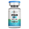 A clear vial labeled 'Epitolon 50MG' with a blue cap, displaying purity information of '≥99%' and indications that it is a lyophilized powder for research use only, with a colorful design featuring DNA strands.