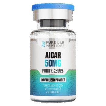A clear glass vial containing a lyophilized powder labeled 'AICAR 50MG' with a purity of 99% or greater. The vial features a blue cap and a design that includes the branding 'Pure Lab Peptides.' A caution at the bottom states it's for research use only, not for human or veterinary use.