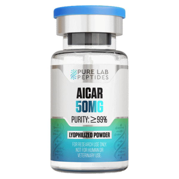 A clear glass vial containing a lyophilized powder labeled 'AICAR 50MG' with a purity of 99% or greater. The vial features a blue cap and a design that includes the branding 'Pure Lab Peptides.' A caution at the bottom states it's for research use only, not for human or veterinary use.
