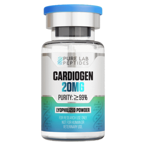 A clear vial labeled 'Cardiogen 20mg' containing lyophilized powder, with a blue cap, and a purity claim of 99% prominently displayed. The label indicates it's for research use only, not for human or veterinary use.